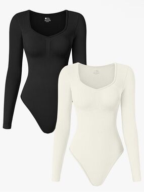 TOB 2 Piece Bodysuits Seamless Ribbed Long Sleeve Tummy Control Bodysuits small